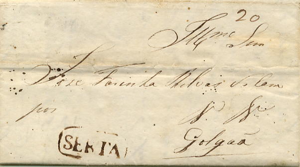 23Lis_0043.jpg -     Lote:    43            Portugal       Descrição:      Sertã   &mdash; A sépia, GM SRT1 em carta datada da Sertã (09.07.1836) para Golegã, com o porte manuscrito a sépia de 20 reis. B e R.        Carta       Valor Base:     &euro; 30,00     Valor Venda:     &euro; 400,00     