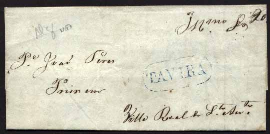 23Lis_0044.jpg -     Lote:    44            Portugal       Descrição:      Tavira   &mdash; A azul, GM TVR4, em carta datada de Tavira (27.07.48) para Vila Real de S. António, com o porte de 20 reis manuscrito a sépia.        Carta       Valor Base:     &euro; 10,00     Valor Venda:     Retirado     