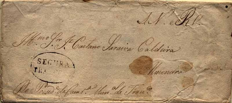 23Lis_0045.jpg -     Lote:    45            Portugal       Descrição:      Trancozo * Segura   &mdash; A sépia, GM TCS-S1, em capa de carta não datada de Trancoso, para Almendra.        Carta       Valor Base:     &euro; 50,00     Valor Venda:     &euro; 120,00     