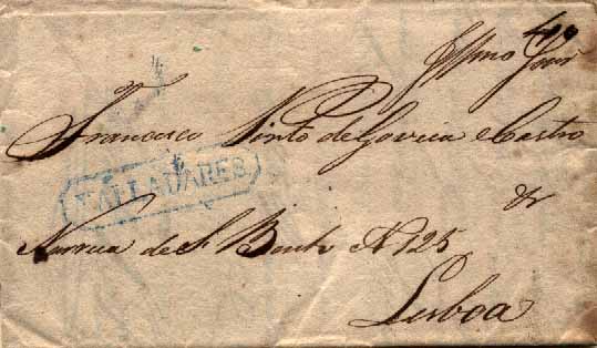 23Lis_0046.jpg -     Lote:    46            Portugal       Descrição:      Valladares   &mdash; A azul, GM VLD1 em carta datada de Valadares (04.12.1848) para Lisboa (11.07.48) com trânsito pelo Porto (07.12.47), com o porte de 40 reis, manuscrito a sépia.        Carta       Valor Base:     &euro; 20,00     Valor Venda:     Retirado     
