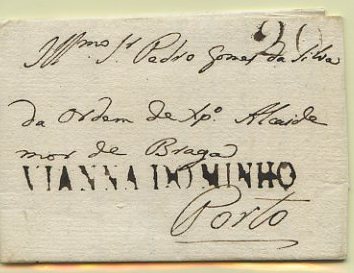 23Lis_0047.jpg -     Lote:    47            Portugal       Descrição:      Vianna do Minho   &mdash; A sépia, GM VCT3 em carta circulada de Ancora (03.09.1811) para o Porto com o porte de 20 reis batido a sépia. MB.        Carta       Valor Base:     &euro; 16,00     Valor Venda:     &euro; 55,00     