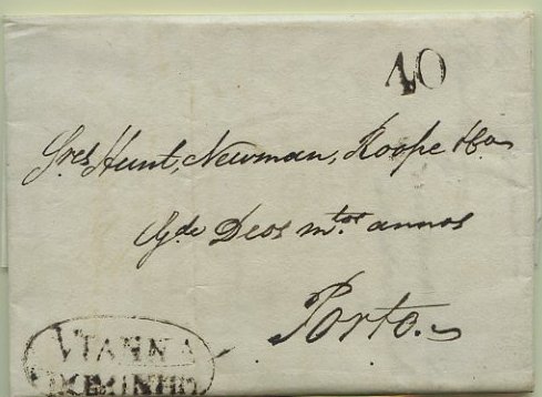23Lis_0048.jpg -     Lote:    48            Portugal       Descrição:      Vianna do Minho   &mdash; A sépia, GM VCT4, em carta datada de Viana (14.02.1825) para o Porto com o porte de 40 reis batido a sépia. MB.        Carta       Valor Base:     &euro; 10,00     Valor Venda:     &euro; 26,00     