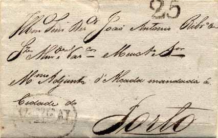 23Lis_0050.jpg -     Lote:    50            Portugal       Descrição:      Vila Real   &mdash; A preto, GM VRL4 em carta datada de Vila Real (18.04.1835) para o Porto, com o porte de 25 reis batido a preto.        Carta       Valor Base:     &euro; 6,00     Valor Venda:     &euro; 6,00     