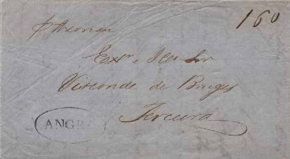 23Lis_0052.jpg -     Lote:    52            Açores e Madeira       Descrição:      Angra   &mdash; A preto, GM AGH2, em carta datada de Angra (23.04.53) para a Terceira, com o porte de 160 reis, manuscrito a sépia. Interessante circulação inter-ilhas.        Carta       Valor Base:     &euro; 60,00     Valor Venda:     &euro; 100,00     