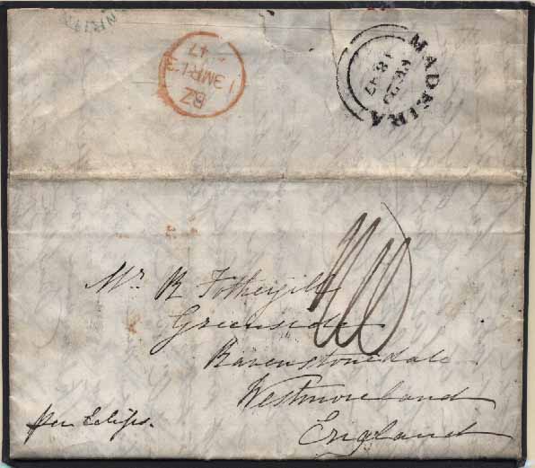 23Lis_0054.jpg -     Lote:    54            Açores e Madeira       Descrição:      Madeira *   A preto, não catalogado por GM, em carta datada do Funchal (16.02.47) para Inglaterra (13.03.1847) pelo Eclipse. Marca tipo inglês datada (Madeira / FE 20 / 1847). MB.        Carta       Valor Base:     &euro; 60,00     Valor Venda:     Retirado     