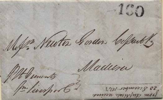 23Lis_0055.jpg -     Lote:    55            Açores e Madeira       Descrição:      Madeira * Selos fixos   &mdash; Carta remetida de Londres (23.12.1847) para a Madeira, porteada à chegada com 160 reis. Porte batido a preto. Selo fixo "160" não referenciado por GM.        Carta       Valor Base:     &euro; 100,00     Valor Venda:     Retirado     