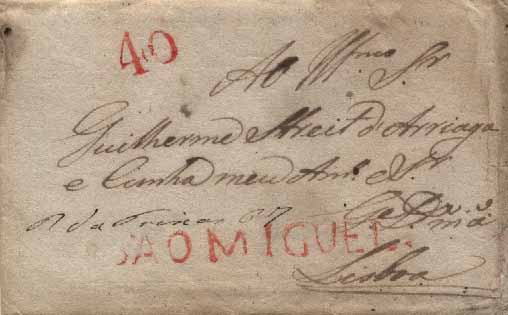 23Lis_0060.jpg -     Lote:    60            Açores e Madeira       Descrição:      São Miguel   &mdash; A vermelho, GM PDL1 em carta datada de S. Miguel (18.05.25) para Lisboa, com o porte de 40 reis batido a vermelho.        Carta       Valor Base:     &euro; 400,00     Valor Venda:     &euro; 850,00     