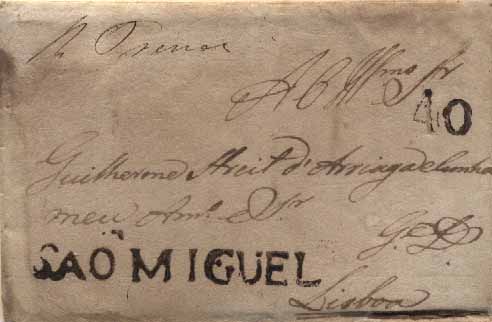 23Lis_0061.jpg -     Lote:    61            Açores e Madeira       Descrição:      São Miguel   &mdash; A sépia, GM PDL1 em carta datada de S. Miguel (11.04.1826) para Lisboa, com o porte de 40 reis batido a sépia.        Carta       Valor Base:     &euro; 250,00     Valor Venda:     Retirado     