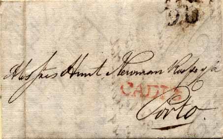 23Lis_0062.jpg -     Lote:    62            Diversos       Descrição:      Cartas do estrangeiro.   Carta remetida Cadiz (17.08.1811) para o Porto (10.00.1811), com marca a vermelho "CADIZ" e porte de 90 reis batido a preto à chegada a Portugal.        Carta       Valor Base:     &euro; 8,00     Valor Venda:     Retirado     
