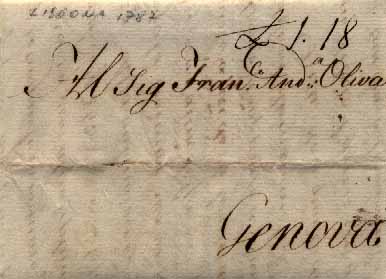 23Lis_0065.jpg -     Lote:    65            Diversos       Descrição:      Correios-Mores   &mdash; (Família Matta Coronel &mdash; 1606/1797). Carta datada de Lisboa (27.11.1787) para Génova, tendo sido porteada à chegada com 1.18 £.        Carta       Valor Base:     &euro; 10,00     Valor Venda:     Retirado     