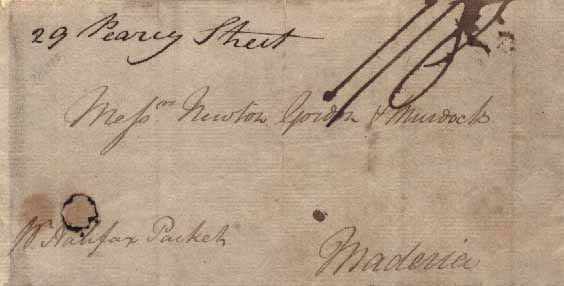 23Lis_0066.jpg -     Lote:    66            Diversos       Descrição:      Madeira    (Cartas chegadas do estrangeiro). Carta remetida de Kingston *Jamaica (18.05.1799) para a Madeira pelo "Halifax Packet". Carimbo da Jamaica batido a sépia no verso. Porte de 1/8, manuscrito a sépia.        Carta       Valor Base:     &euro; 10,00     Valor Venda:     Retirado     
