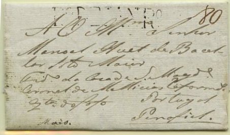 23Lis_0068.jpg -     Lote:    68            Diversos       Descrição:      R.º DE JANR.º   &mdash; A sépia, PM P-RJ-33 em carta circulada do Rio de Janeiro (18.05.1816) para Penafiel, com o porte de 80 reis, manuscrito a sépia.        Carta       Valor Base:     &euro; 10,00     Valor Venda:     &euro; 10,00     