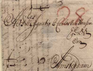 23Lis_0070.jpg -     Lote:    70            Diversos       Descrição:      Correios-Mores.   Carta datada de Lisboa (24.03.1706) para Amesterdão, porteada á chegada com o porte de 28g manuscrito a vermelho.        Carta       Valor Base:     &euro; 15,00     Valor Venda:     &euro; 15,00     