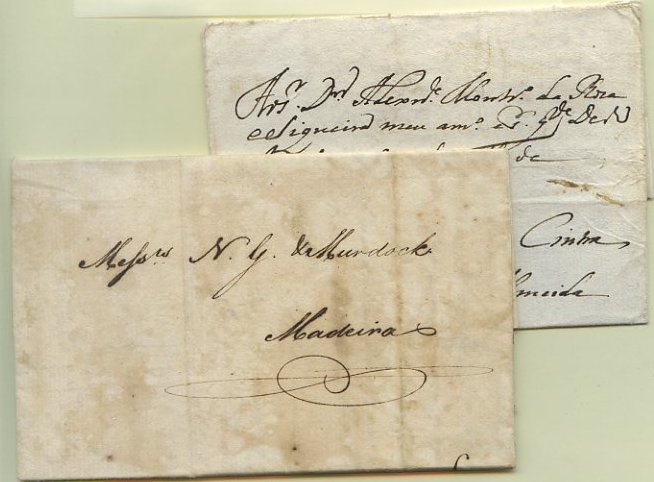 23Lis_0072.jpg -     Lote:    72            Diversos       Descrição:         1800 &mdash; Carta circulada de Lisboa (30.08.1800) para a Madeira (22.09.1800) sem porte lançado, nem marcas de origem e destino + carta para Cintra. Lote a ver.        Carta       Valor Base:     &euro; 10,00     Valor Venda:     Retirado     