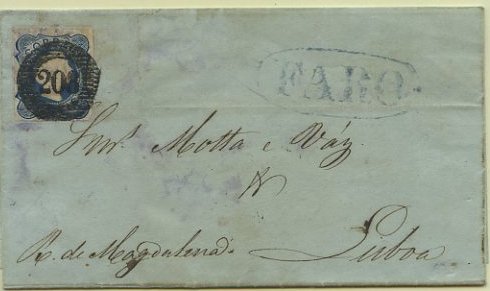 23Lis_0085.jpg -     Lote:    85            Portugal       Descrição:         1855/56 &mdash; D. Pedro V, cabelos lisos. CE6, 25 reis azul, cunho I, margens normais, em carta circulada de Faro (05.06.1855) para Lisboa (08.06.55). Carimbo numérico 208 batido a preto e nominativo a azul de "FARO".         Carta       Valor Base:     &euro; 20,00     Valor Venda:     Retirado     