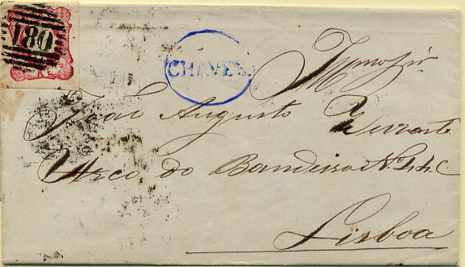 23Lis_0088.jpg -     Lote:    88            Portugal       Descrição:         1856/58 &mdash; D. Pedro V. Cabelos anelados. CE13, 25 reis rosa, cunho VI em carta circulada de Chaves para Lisboa (17.06.61) com trânsito pelo Porto (16.06.61). Carimbo numérico da 1.ª reforma 180 &mdash; Chaves a preto e marca nominativa de CHAVES batida a azul. MB        Carta       Valor Base:     &euro; 20,00     Valor Venda:     &euro; 20,00     
