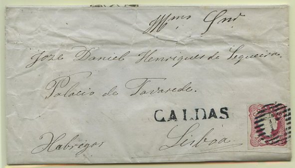 23Lis_0089.jpg -     Lote:    89            Portugal       Descrição:         1856/58 &mdash; D. Pedro V, cabelos anelados. CE13, 25 reis carmim rosa, margens curtas, em carta circulada das Caldas da Rainha para Lisboa (14.01.1862). Carimbo CALDAS muito bem batido a preto (GM CLD4).        Carta       Valor Base:     &euro; 10,00     Valor Venda:     &euro; 22,00     