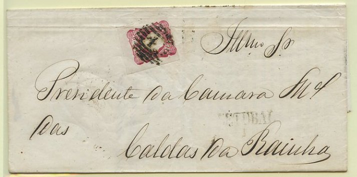 23Lis_0090.jpg -     Lote:    90            Portugal       Descrição:         1856/58 &mdash; D. Pedro V, cabelos anelados. CE13, 25 reis carmim rosa, margens grandes, em carta circulada de Setúbal (26.11.1858) para Caldas da Rainha com trânsito por Lisboa (27.11.58). Circular impressa pela Casa da Comissão dos Soccorros, solicitando aos municípios de Portugal a abertura de subscrições para ajuda à população afectada pelo terramoto de 1858. Carimbo SETÚBAL batido a preto (GM STB4).        Carta       Valor Base:     &euro; 20,00     Valor Venda:     &euro; 20,00     