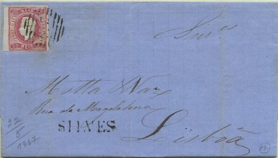 23Lis_0096.jpg -     Lote:    96            Portugal       Descrição:         1866/67 &mdash; D. Luís I. Fita curva, não denteados. CE22, 25 reis carmim em carta circulada de Silves para Lisboa (24.05.1867) com trânsito por Faro (23.05.1867). Marca nominativa de SILVES batida a preto. MB.        Carta       Valor Base:     &euro; 12,00     Valor Venda:     &euro; 12,00     