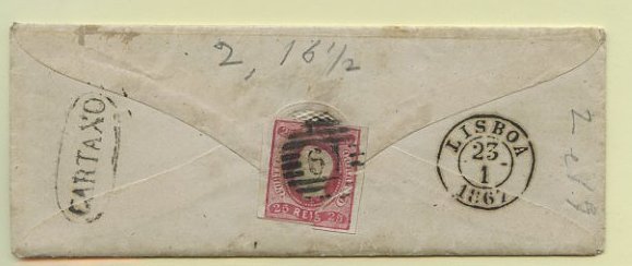 23Lis_0097.jpg -     Lote:    97            Portugal       Descrição:         1866/1867 &mdash; D. Luís I, fita curva, não denteados. Carta circulada do Cartaxo (22.01.1867) para Lisboa (23.01.67) com selos de 25 reis carmim CE22. Defeito no selo. Marca nominativa do CARTAXO (GM CTX5) e numérico da 1.ª reforma "61", ambos batidos a preto.        Carta       Valor Base:     &euro; 15,00     Valor Venda:     &euro; 28,00     