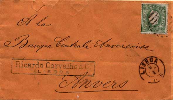 23Lis_0103.jpg -     Lote:    103            Portugal       Descrição:         1870/76 &mdash; D. Luís I. Fita Direita. Sobrescrito circulado de Lisboa (05.01.1876) para Anvers, com selo de 50 reis verde amarelo, denteado 12 &frac12;, papel liso, CE41.        Carta       Valor Base:     &euro; 30,00     Valor Venda:     Retirado     