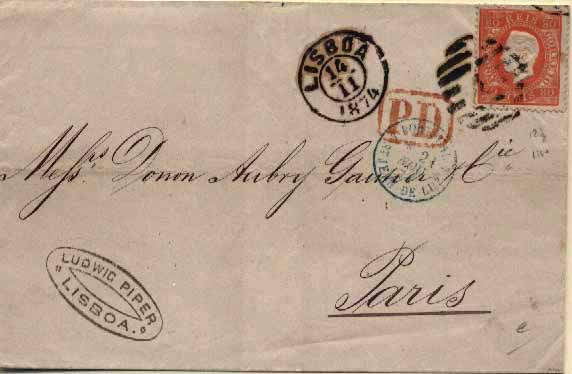 23Lis_0104.jpg -     Lote:    104            Portugal       Descrição:         1870/76 &mdash; D. Luís I, fita direita. Carta circulada de Lisboa (14.11.1874) para Paris (21.11.74) com selo de 80 reis laranja-vermelho, denteado 12 &frac12;, papel liso. MB.        Carta       Valor Base:     &euro; 45,00     Valor Venda:     &euro; 45,00     