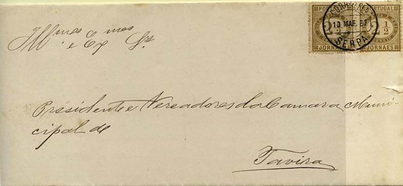 23Lis_0106.jpg -     Lote:    106            Portugal       Descrição:         1876 &mdash; Jornaes. Circular para angariação de fundos destinados à construção de um monumento ao Abade José Correia da Serra, em Serpa, circulada de Serpa (10.03.87) para Tavira com par de selos de 2 &frac12; reis, verde oliva, denteado 12 &frac12;, papel liso, CE48.        Carta       Valor Base:     &euro; 5,00     Valor Venda:     &euro; 18,00     