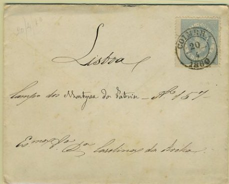23Lis_0107.jpg -     Lote:    107            Portugal       Descrição:         1880/81 &mdash; D. Luís I. De perfil. CE53, 25 reis azul cinzento em sobrescrito circulado de Coimbra (20.04.1880) para Lisboa (21.04.1880). MB e R.        Carta       Valor Base:     &euro; 40,00     Valor Venda:     &euro; 40,00     