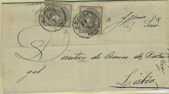 23Lis_0108.jpg -     Lote:    108            Portugal       Descrição:         1880/81 &mdash; D. Luís I. De perfil. CE54, 25 reis cinzento vermelho. Dois selos (duplo porte) em carta circulada da Régua (30.07.1880) para Lisboa (31.07.1880). Selos cortados à tesoura.        Carta       Valor Base:     &euro; 10,00     Valor Venda:     Retirado     