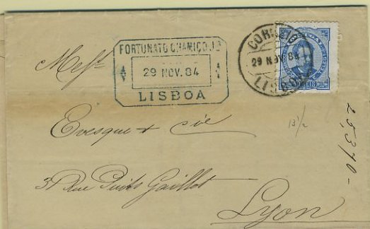 23Lis_0109.jpg -     Lote:    109            Portugal       Descrição:         1882/1883 &mdash; D. Luís I, de frente. Lote de duas cartas; uma com selo de 50 reis azul, denteado 13 &frac12;, papel porcelana e outra com dois selos de 25 reis, castanho, denteado 13 &frac12;, ambas circuladas de Lisboa para Lyon.        Carta       Valor Base:     &euro; 10,00     Valor Venda:     &euro; 10,00     