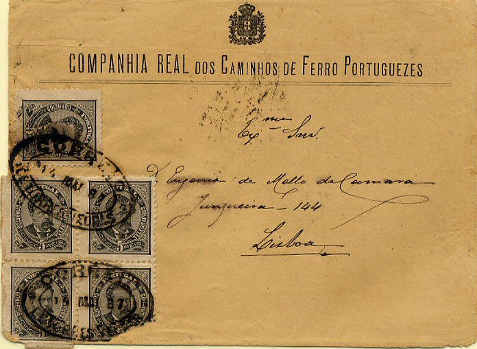 23Lis_0110.jpg -     Lote:    110            Portugal       Descrição:         1884/1887 &mdash; D. Luís I de frente. Novos valores. Sobrescrito timbrado da Companhia Real dos Caminhos de Ferro Portuguezes, circulado de Torres Vedras (14.05.87) para Lisboa (16.05.1887) com 5 selos (quadra + 1 simples) de 5 reis preto, papel liso, denteado 11 &frac12;, CE60. Dois selos com defeitos. Exemplar raro.        Carta       Valor Base:     &euro; 200,00     Valor Venda:     Retirado     
