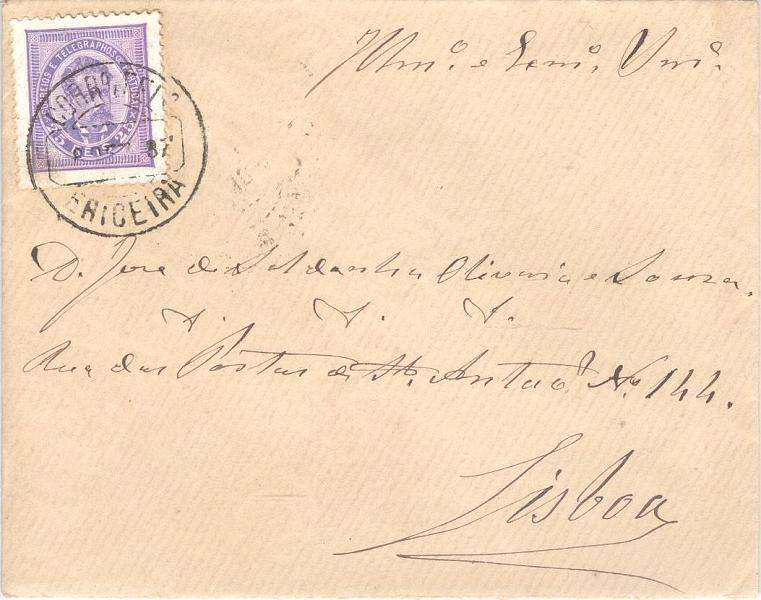 23Lis_0111.jpg -     Lote:    111            Portugal       Descrição:         1884/87 &mdash; D. Luís I, de frente. Novos valores. Sobrescrito circulado da Ericeira (08.12.87) para Lisboa (09.12.87) com selo de 25 reis violeta azul, denteado 11 &frac12;, papel porcelana.        Carta       Valor Base:     &euro; 6,00     Valor Venda:     Retirado     