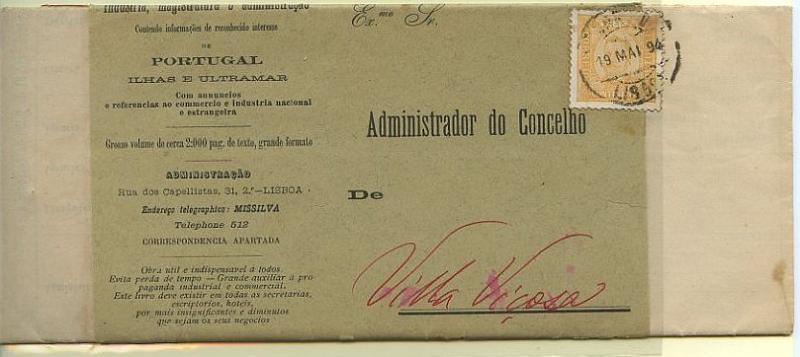 23Lis_0112.jpg -     Lote:    112            Portugal       Descrição:         1892/93 &mdash; D. Carlos I, tipo Diogo Neto. Cinta com edição do Anuário Comercial, circulada de Lisboa (19.05.94) para Vila Viçosa, com selo de 5 reis laranja, papel porcelana, denteado 11 &frac12;. MB.        CNT       Valor Base:     &euro; 5,00     Valor Venda:     &euro; 5,00     