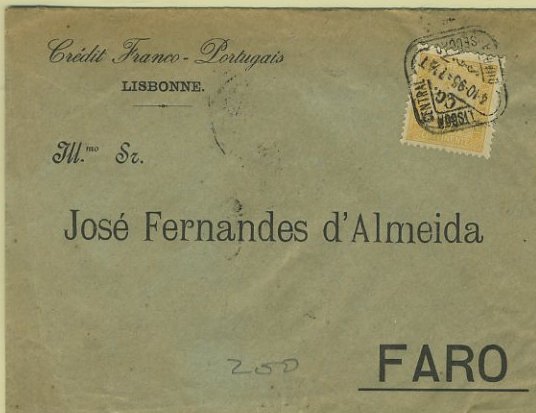23Lis_0113.jpg -     Lote:    113            Portugal       Descrição:         1892/93 &mdash; D. Carlos I, tipo Diogo Neto. Sobrescrito circulado com porte de impressos, de Lisboa (04.10.1895) para Faro (06.10.95), com selo de 5 reis laranja, papel pontinhado, denteado 11 &frac12;.        Carta       Valor Base:     &euro; 10,00     Valor Venda:     &euro; 10,00     
