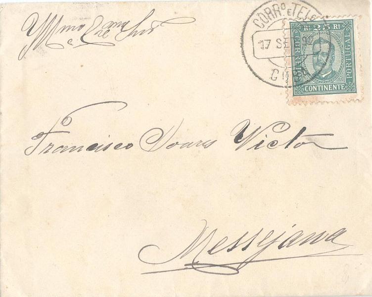 23Lis_0115.jpg -     Lote:    115            Portugal       Descrição:         1892/93 &mdash; D. Carlos I tipo Diogo Neto. Sobrescrito circulado de Cuba (17.09.92) para Messejana, com selo de 25 reis verde, denteado 11 &frac12;, papel porcelana. MB.        Carta       Valor Base:     &euro; 6,00     Valor Venda:     &euro; 6,00     