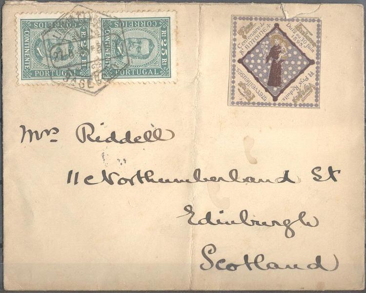 23Lis_0116.jpg -     Lote:    116            Portugal       Descrição:         1892/93 &mdash; D. Carlos I tipo Diogo Neto. Sobrescrito circulado de Lisboa (27.05.95) para a Escócia (30.05.95), com par de 25 reis verde, denteado 11 &frac12;, papel porcelana + vinheta do Centenário de Santo António. MB.        Carta       Valor Base:     &euro; 15,00     Valor Venda:     Retirado     