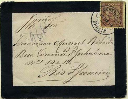 23Lis_0117.jpg -     Lote:    117            Portugal       Descrição:         1892/93 &mdash; D. Carlos I tipo Diogo Neto. CE73, 100 reis castanho s/ amarelo, denteado 12 &frac12;, papel porcelana, em sobrescrito circulado de Chacim (16.01.95 &mdash; erro de datador) para o Rio de Janeiro (22.12.94) com trânsito por Lisboa (07.12.94).        Carta       Valor Base:     &euro; 10,00     Valor Venda:     Retirado     