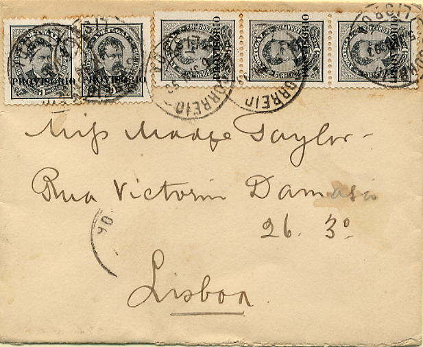 23Lis_0118.jpg -     Lote:    118            Portugal       Descrição:         1892/93 &mdash; D. Luís I. Sobrecargas "PROVISÓRIO". Sobrescrito circulado em Lisboa (05.01.1893) com 5 selos de 5 reis, preto, sobrecarga a, papel porcelana, denteado 11 &frac12;, CE80. MB e R.        Carta       Valor Base:     &euro; 75,00     Valor Venda:     &euro; 75,00     