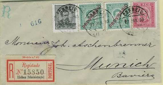 23Lis_0119.jpg -     Lote:    119            Portugal       Descrição:         1892/93 &mdash; D. Luís I com sobrecarga PROVISÓRIO + D. Carlos I, tipo Diogo Neto, Sobrescrito circulado registado de Lisboa (27.01.93) para Munique (31.01.93), com selos de 5 reis preto CE80 + 2x10 reis verde CE83 + 75 reis carmim, papel porcelana, denteado 12 &frac12;, CE72. MB.        Carta       Valor Base:     &euro; 125,00     Valor Venda:     &euro; 160,00     