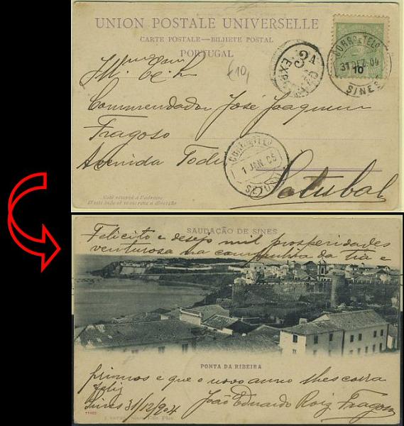 23Lis_0120.jpg -     Lote:    120            Portugal       Descrição:         1895/96 &mdash; D. Carlos I Mouchon. Postal ilustrado da Ponta da Ribeira (Saudação de Sines), circulado de Sines (31.12.04) para Setúbal (01.01.05). Carimbo da 3.ª Expedição batido a preto. MB.        PI       Valor Base:     &euro; 10,00     Valor Venda:     &euro; 10,00     