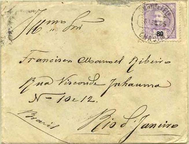 23Lis_0121.jpg -     Lote:    121            Portugal       Descrição:         1895/96 &mdash; D. Carlos I tipo Mouchon. CE134, 80 reis lilás em sobrescrito circulado de Chacim (06.04.05) para o Rio de Janeiro (24.04.05) com trânsito por Macedo de Cavaleiro (09.04.05) e Lisboa (10.04.05).        Carta       Valor Base:     &euro; 5,00     Valor Venda:     &euro; 5,00     