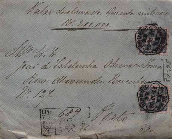 23Lis_0122.jpg -     Lote:    122            Portugal       Descrição:         1895/96 &mdash; D. Carlos I tipo Mouchon. Valor declarado de 200.000 reis, circulado de Lisboa (23.10.03) para o Porto (24.10.03) com dois selos de 300 reis azul s/ rosa CE138. MB e MR.        Carta       Valor Base:     &euro; 75,00     Valor Venda:     &euro; 100,00     
