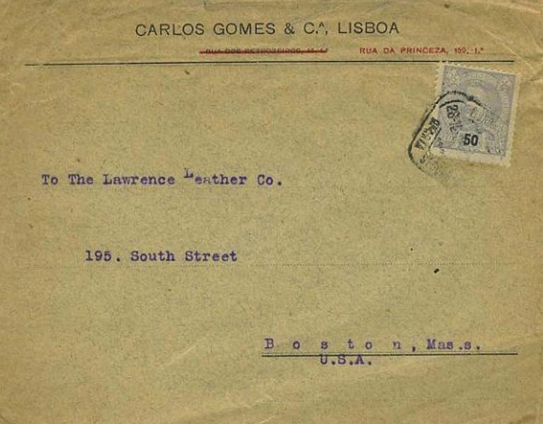 23Lis_0124.jpg -     Lote:    124            Portugal       Descrição:         1898/1905 &mdash; D. Carlos I Mouchon, novas cores e valores. Sobrescrito circulado de Lisboa (21.12.08) para os EUA, com selo de 50 reis ultramar claro.        Carta       Valor Base:     &euro; 5,00     Valor Venda:     Retirado     