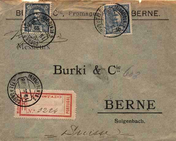 23Lis_0125.jpg -     Lote:    125            Portugal       Descrição:         1895/1905 &mdash; D. Carlos I tipo Mouchon. Sobrescrito circulado registado do Porto * S. Bento (19.07.98) para Berna (23.07.98) com selos de 50 reis azul CE132 e 65 reis azul cinzento CE143. MB.        Carta       Valor Base:     &euro; 10,00     Valor Venda:     &euro; 22,00     