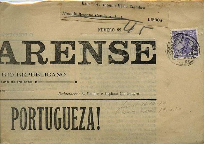 23Lis_0126.jpg -     Lote:    126            Portugal       Descrição:         1910 &mdash; D. Manuel II. Jornal "O Poiarense", n.º 89 de 16.10.10, circulado de Poiares (17.10.10) para Lisboa, com selo de 2 &frac12; reis violeta CE156. MB e R.        JRN       Valor Base:     &euro; 20,00     Valor Venda:     &euro; 20,00     