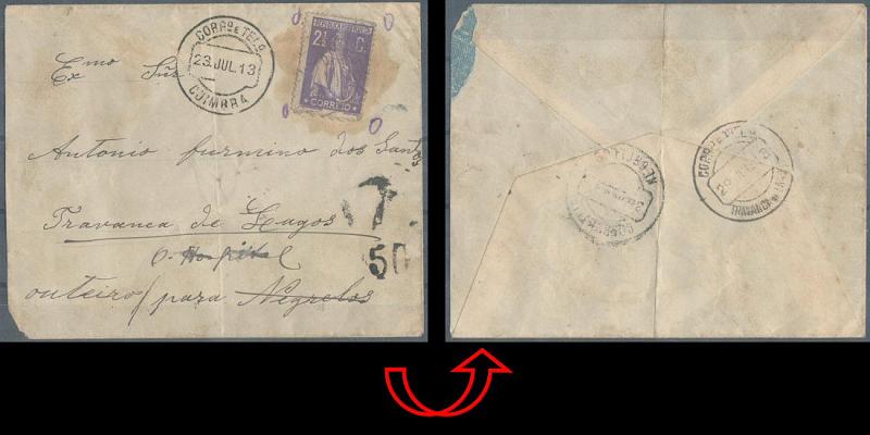 23Lis_0127.jpg -     Lote:    127            Portugal       Descrição:         1912 &mdash; Ceres. Sobrescrito circulado de Coimbra (23.07.13) para Travanca de Lagos (29.07.13) com trânsito por Negrellos (30.07.13). Por ter sido utilizado um selo Ceres de 2 &frac12; c já servido, foi a carta porteada com o dobro do porte em falta 5c, por selo fixo do período pré-filatélico de 50 reis, equivalente a 5c. MB e MR.        Carta       Valor Base:     &euro; 100,00     Valor Venda:     &euro; 100,00     