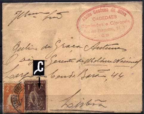 23Lis_0130.jpg -     Lote:    130            Portugal       Descrição:         1917/20 &mdash; Tipo Ceres. Sobrescrito circulado em Lisboa (20.10.21), com selo de 1 ctv castanho, papel amarelado pontinhado vertical, denteado 15x14, variedade de cliché XXXV, CE221 e selo de 2 ctvs laranja, papel liso, denteado 12x11 &frac12;, CE223. MB.        Carta       Valor Base:     &euro; 9,00     Valor Venda:     Retirado     