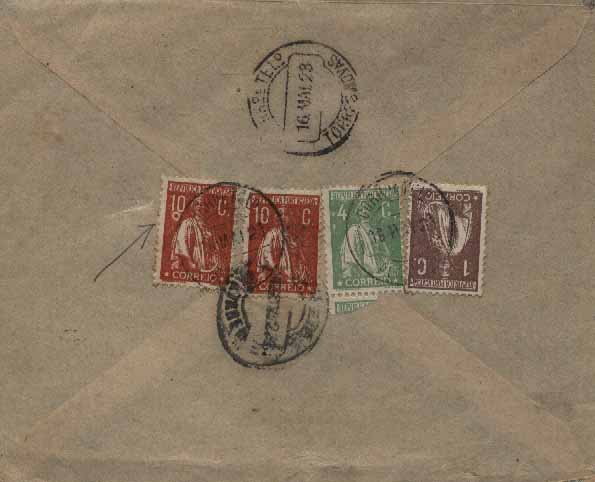 23Lis_0131.jpg -     Lote:    131            Portugal       Descrição:         1912/20 &mdash; Ceres. Sobrescrito circulado de Alcanena (16.05.23) para Santarém (16.05.23) com trânsito por Torres Novas (16.05.23), com selos de 1c castanho CE221, 4c verde CE226, e dois selos de 10c tijolo CE215. Um dos selos de 10c com a variedade de cliché não catalogada por MM/AMV.        Carta       Valor Base:     &euro; 40,00     Valor Venda:     Retirado     