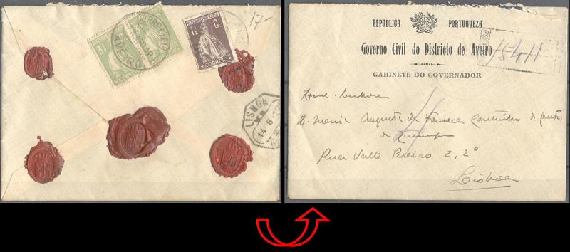 23Lis_0132.jpg -     Lote:    132            Portugal       Descrição:         1912/1920 &mdash; Ceres. Sobrescrito circulado registado de Aveiro (13.08.18) para Lisboa (14.08.18), com selo de 1 &frac12; c castanho CE209 e dois selos de 3 &frac12; c. verde amarelo, CE225.        Carta       Valor Base:     &euro; 10,00     Valor Venda:     &euro; 10,00     