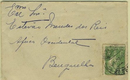 23Lis_0133.jpg -     Lote:    133            Portugal       Descrição:         1917/20 &mdash; Ceres. Novas taxas e cores. Sobrescrito de reduzidas dimensões, circulado de Lisboa (03.01.22) para Benguela (08.02.22), com selo de 4c verde, denteado 15x14, papel cartolina.        Carta       Valor Base:     &euro; 20,00     Valor Venda:     &euro; 20,00     